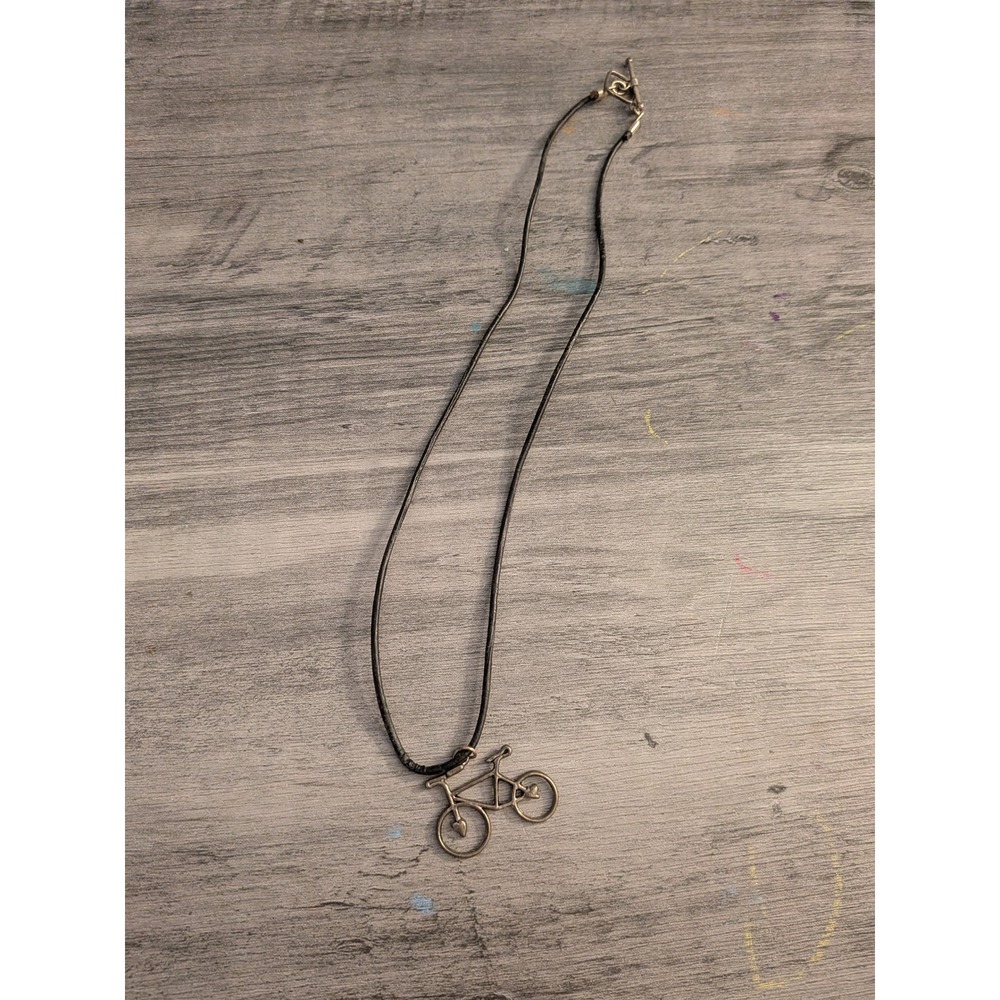 Bicycle Pendant‎ Necklace Black Leather Cord Silver Tone Heart Spokes Bike Charm